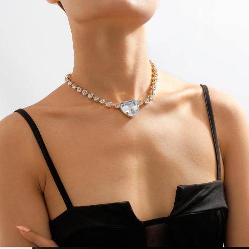 Messing Halskette, mit Verlängerungskettchen von 7CM, Herz, plattiert, für Frau & mit Strass, keine, frei von Nickel, Blei & Kadmium, Länge:40 cm, verkauft von setzen