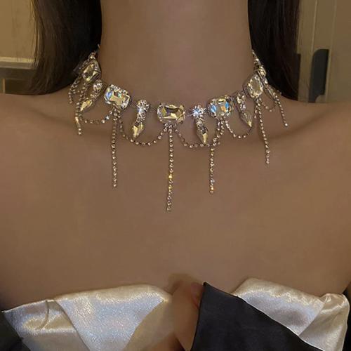 Messing Halskette, silberfarben plattiert, für Frau & mit Strass, frei von Nickel, Blei & Kadmium, verkauft von PC