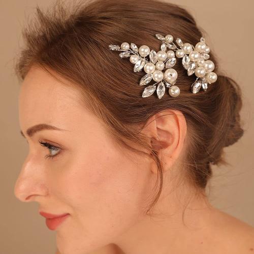 Alligator Hair Clip Iron with Plastic Pearl silver color plated for woman & with rhinestone nickel lead & cadmium free Sold By Pair