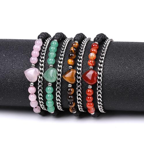 Gemstone Bracelets, Lava, with Natural Stone & Nylon Cord & 304 Stainless Steel, fashion jewelry & different materials for choice & Unisex, more colors for choice, Bracelet length 17-26cm, Sold By PC