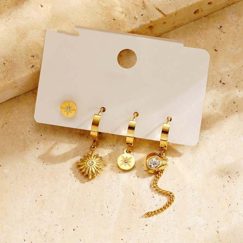 Titanium Steel  Earring, gold color plated, fashion jewelry & with rhinestone, golden, 4PCs/Set, Sold By Set
