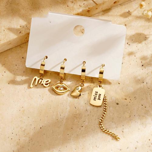 Titanium Steel  Earring gold color plated fashion jewelry & with rhinestone golden Sold By Set