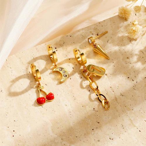 Titanium Steel  Earring, gold color plated, fashion jewelry & enamel & with rhinestone, golden, 4PCs/Set, Sold By Set