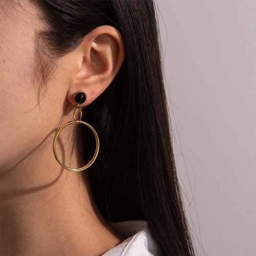 Titanium Steel  Earring with Obsidian gold color plated fashion jewelry golden Sold By Pair