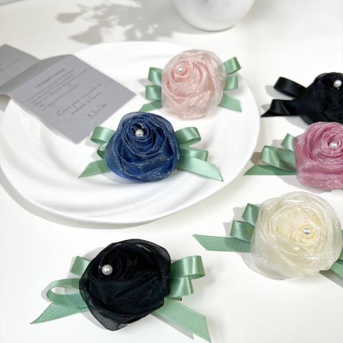 Alligator Hair Clip Gauze with rhinestone zinc alloy spacer & Plastic Pearl Rose handmade for woman Sold By PC