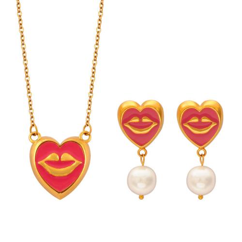 Set di gioielli , Titantium acciaio, with Shell Pearl, placcato, gioielli di moda & stili diversi per la scelta & per la donna & smalto, nessuno, Venduto da coppia