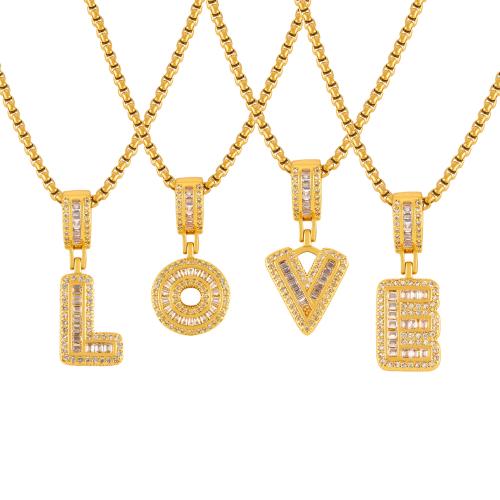 Titanstahl Halskette, mit kubischer Zirkonia, Alphabet-Buchstabe, plattiert, verschiedene Stile für Wahl & für Frau & mit Strass, Goldfarbe, Länge ca. 56 cm, verkauft von PC