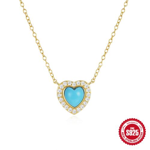 Argent sterling 925 collier, avec turquoise, avec 1.97inch chaînes de rallonge, coeur, Placage de couleur d'or, chaîne ovale & pavé de micro zircon & pour femme, Longueur:Environ 15.75 pouce, Vendu par PC
