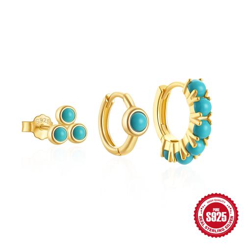 Argent sterling 925 Boucles d'oreilles, avec turquoise, Placage de couleur d'or, 3 pièces & pour femme, Vendu par fixé