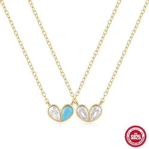 925 Sterling Silver Necklace with turquoise with 1.968inch extender chain Heart oval chain & micro pave cubic zirconia & for woman Length Approx 15.74 Inch Sold By PC