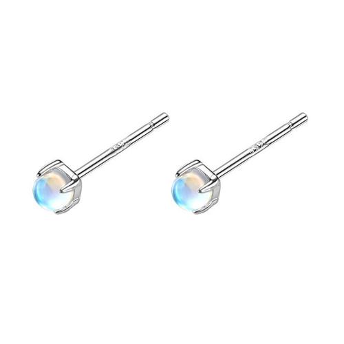925 Sterling Silver Stud Earring, with Moonstone, platinum plated, with plastic earnut & different size for choice & for woman, Sold By Pair