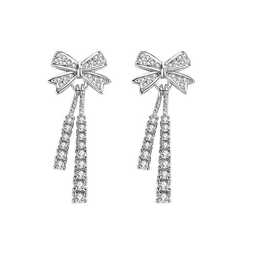 925 Sterling Silver Drop Earring Bowknot platinum plated with plastic earnut & micro pave cubic zirconia & for woman Sold By Pair