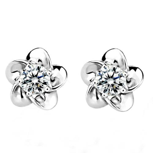 925 Sterling Silver Stud Earring Flower platinum plated with plastic earnut & for woman & with cubic zirconia 8mm Sold By Pair