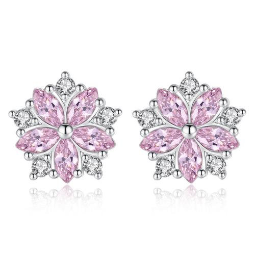 925 Sterling Silver Stud Earring Flower platinum plated with plastic earnut & micro pave cubic zirconia & for woman Sold By Pair