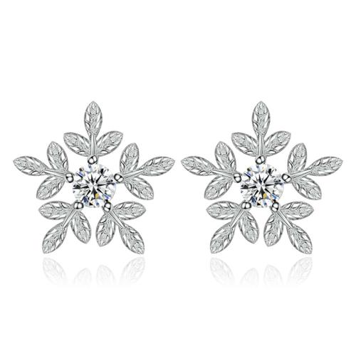 925 Sterling Silver Stud Earring, Snowflake, platinum plated, micro pave cubic zirconia & for woman, 10mm, Sold By Pair