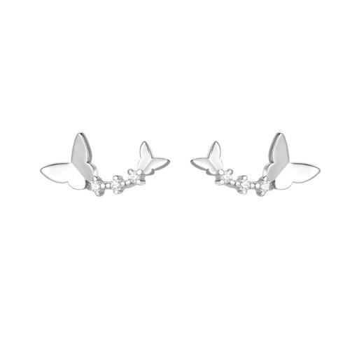 925 Sterling Silver Stud Earring Butterfly platinum plated Korean style & for woman & with rhinestone Sold By Pair