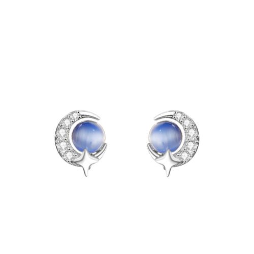 925 Sterling Silver Stud Earring with Cats Eye Moon and Star platinum plated Korean style & for woman & with rhinestone Sold By Pair