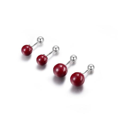 925 Sterling Silver Stud Earring with Cinnabar Round & for woman Sold By Pair