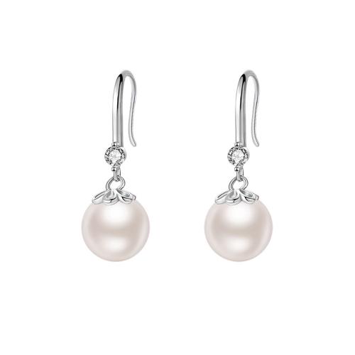925 Sterling Silver Drop Earring with Plastic Pearl Round platinum plated for woman & with rhinestone Sold By Pair