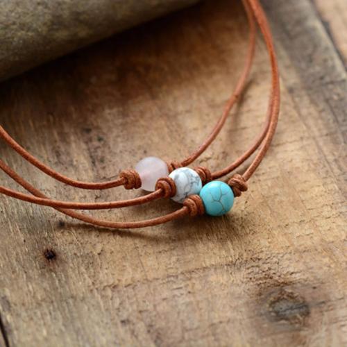 Natural Gemstone Necklace, Natural Stone, with cowhide cord, fashion jewelry & Unisex, more colors for choice, Length:Approx 45 cm, Sold By PC