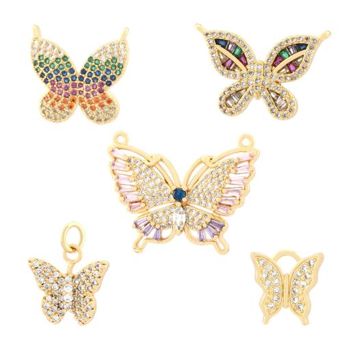 Cubic Zirconia Micro Pave Brass Pendant, Butterfly, gold color plated, fashion jewelry & DIY & different styles for choice & micro pave cubic zirconia & double-hole, more colors for choice, nickel, lead & cadmium free, Sold By PC