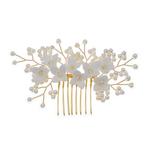 Dekoratív Hair Combs, Cink ötvözet, -val Műanyag Pearl, divat ékszerek & a nő, aranysárga, 105x63mm, Által értékesített PC