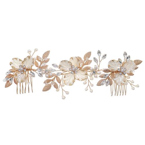 Decorative Hair Combs, Tibetan Style, with Crystal & Plastic Pearl, fashion jewelry & for woman & with rhinestone, golden, 195x65mm, Sold By Strand