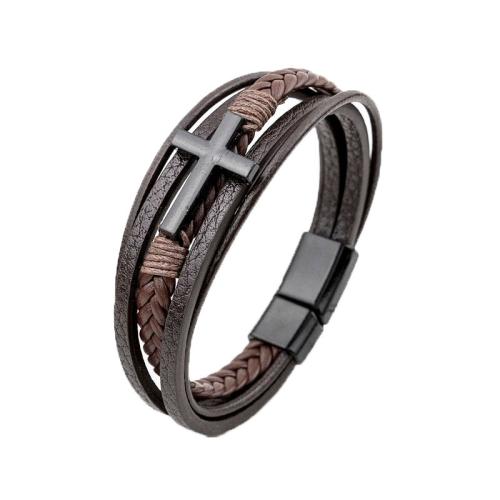 PU Leather Cord Bracelets, with Tibetan Style, Cross, Vacuum Ion Plating, fashion jewelry & for man, more colors for choice, Sold By PC