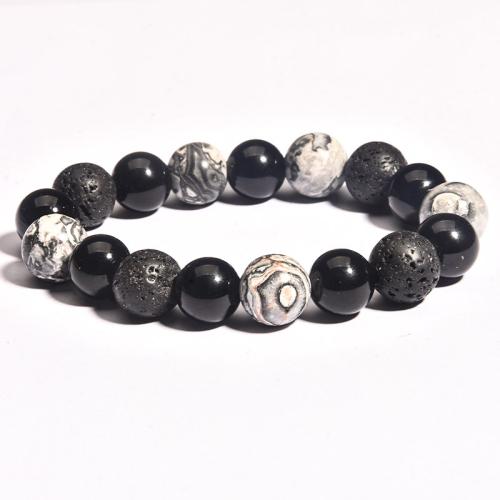Gemstone Bracelets Lava with Map Stone & Black Agate Round fashion jewelry & Unisex white and black Length Approx 19-19.5 cm Sold By PC