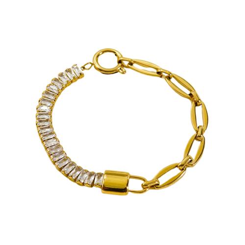 Pulseira  de jóias de aço inox, Aço inoxidável 304, with zircone em forma de cubo, joias de moda & para mulher, dourado, comprimento 18 cm, vendido por PC
