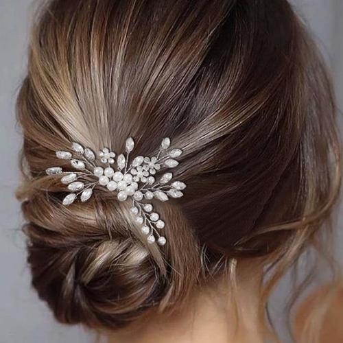 Dekorativní Hair Combs, Mosaz, s Plastové Pearl, barva stříbrná á, pro svatební & s drahokamu, bílý, nikl, olovo a kadmium zdarma, 90x80mm, Prodáno By PC