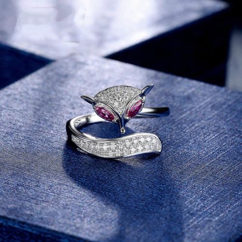 Anillo de dedo de latón, metal, Zorro, chapado en color de plata, para mujer & con diamantes de imitación, Púrpura, libre de níquel, plomo & cadmio, inner diameter:17~20mm, Vendido por UD