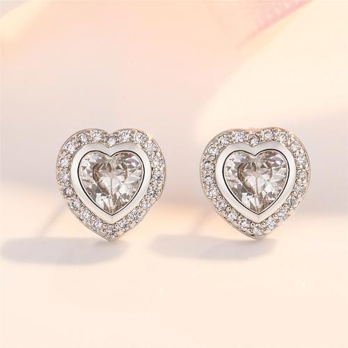 Brass Stud Earring Heart plated for woman & with rhinestone nickel lead & cadmium free Sold By Pair