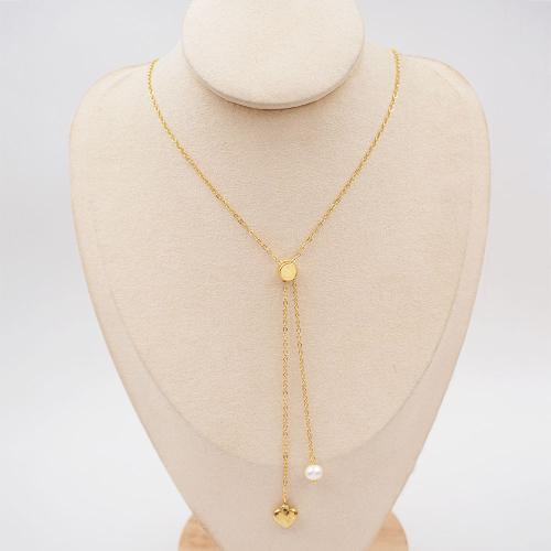 Titanstahl Halskette, mit Natürliche kultivierte Süßwasserperlen & Messing, mit Verlängerungskettchen von 6cm, plattiert, Modeschmuck, goldfarben, Länge:46 cm, verkauft von PC