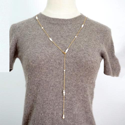 Titanium stål halskæde, med Ferskvandsperle, forgyldt, mode smykker, gylden, Længde 93 cm, Solgt af PC