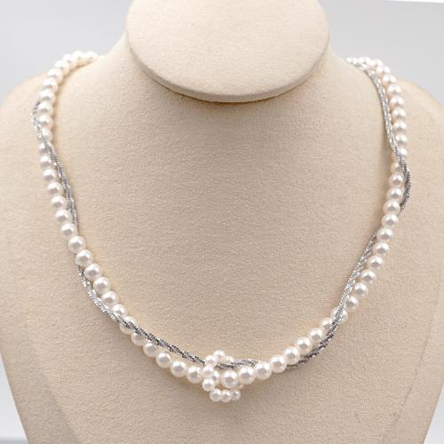 Titanium Steel Necklace with Crystal Pearl with 6cm extender chain plated fashion jewelry white Length 38 cm Sold By PC