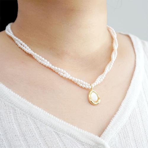 Kristall Halskette, mit Muschel & Messing, mit Verlängerungskettchen von 6cm, plattiert, Modeschmuck, weiß, Länge:40 cm, verkauft von PC