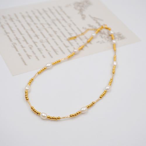 Collar de Acero Titanio, Partículas de acero, con Perlas cultivadas de agua dulce, con 5.5cm extender cadena, chapado, Joyería, dorado, longitud:39 cm, Vendido por UD