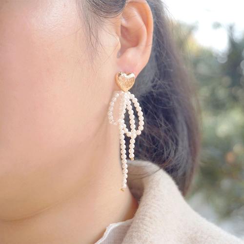 Crystal Earrings Crystal Pearl with Brass Bowknot plated fashion jewelry white 75mm Sold By Pair
