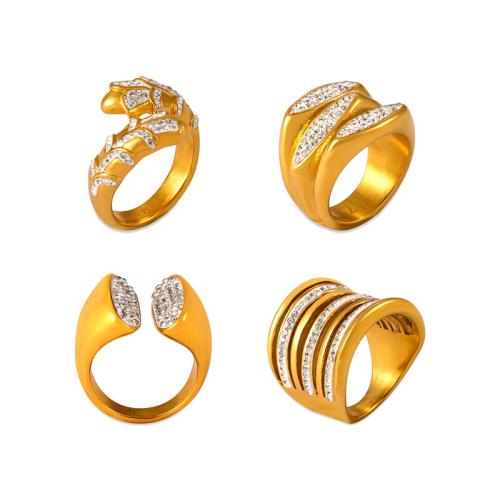 Titanium Steel Finger Ring plated  & for woman & enamel & with rhinestone gold Sold By PC