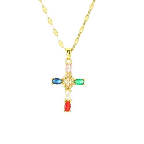 Cubic Zircon Micro Pave Brass Necklace, with 304 Stainless Steel, with 5CM extender chain, Cross, real gold plated, micro pave cubic zirconia & for woman, more colors for choice, Length:Approx 45 cm, Sold By PC