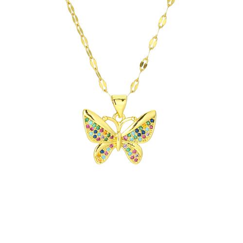 Cubic Zircon Micro Pave Brass Necklace, with 304 Stainless Steel, with 5CM extender chain, Butterfly, real gold plated, micro pave cubic zirconia & for woman, more colors for choice, Length:Approx 45 cm, Sold By PC