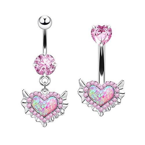 Stainless Steel Belly Ring, 304 Stainless Steel, plated, Unisex & different styles for choice & micro pave cubic zirconia, pink, Sold By PC