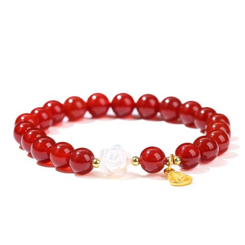 agate rouge bracelet, avec coquille blanche & laiton & alliage de zinc, fait à la main, style folk & pour femme, Longueur:Environ 7-8 pouce, Vendu par PC