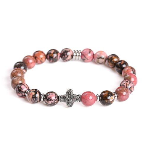 Rhodochrosite Bracelet with 304 Stainless Steel & Zinc Alloy Four Leaf Clover handmade folk style & for woman Length Approx 7-7.5 Inch Sold By PC