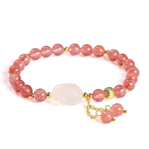 Strawberry Quartz Bracelet, with Agate & Brass, Rabbit, handmade, folk style & for woman, beads length 6mm, Length:Approx 6.5-7 Inch, Sold By PC