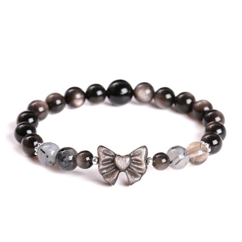 Argent-Obsidienne bracelet, avec laiton & alliage de zinc, Noeud papillon, fait à la main, bijoux de mode & pour femme, beads length 8mm, Longueur Environ 7-7.5 pouce, Vendu par PC