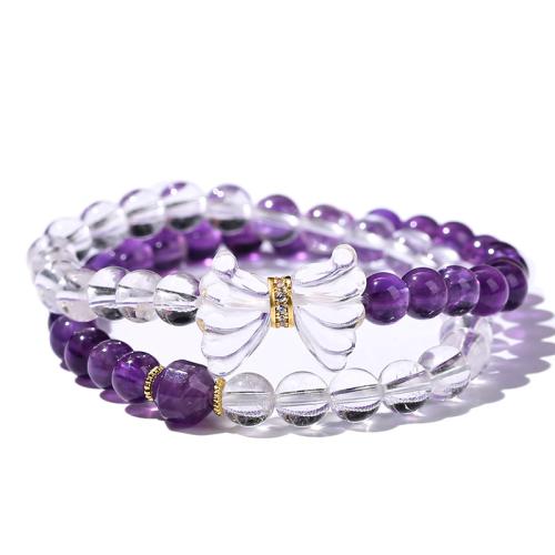 Amethyst Bracelet, with Clear Quartz & Brass, Bowknot, handmade, Double Layer & for woman, Length:Approx 6.5-7.5 Inch, Sold By PC