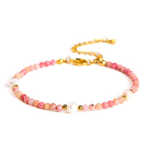 Rhodochrosite Bracelet, with Plastic Pearl & 304 Stainless Steel, handmade, for woman & faceted, beads length 3mm, Length:Approx 6.5-7 Inch, Sold By PC