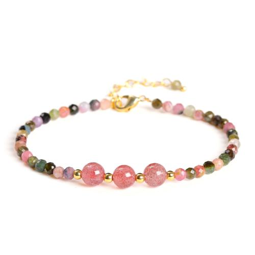 Tourmaline Bracelet, with Strawberry Quartz & Brass, handmade, fashion jewelry & for woman, Length:Approx 6.5-7 Inch, Sold By PC